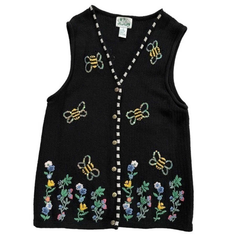 The Quacker‎ Factory Bee Embroidered Sequins V Neck Sweater Vest Size Medium